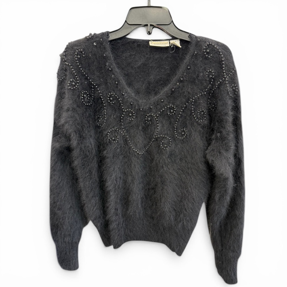 Vintage Angora Blend Beaded Fuzzy Sweater Black V-Neck Y2K Soft Glam XS